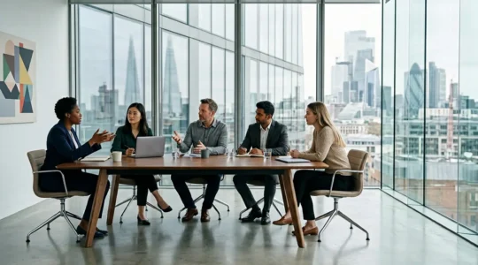 Professional meeting room with UK creative professionals discussing AI integration strategies