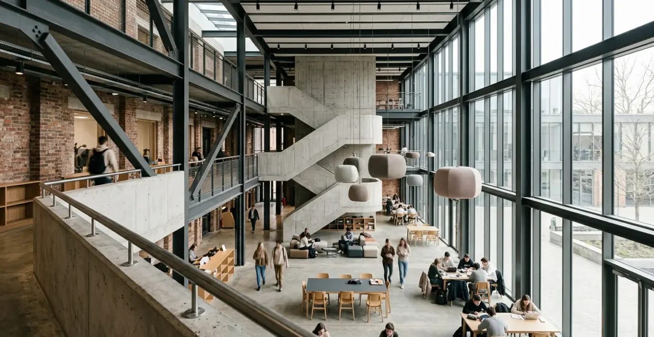 Contemporary open-plan creative studio interior showcasing cross-disciplinary collaboration in UK educational architecture