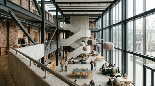 Contemporary open-plan creative studio interior showcasing cross-disciplinary collaboration in UK educational architecture