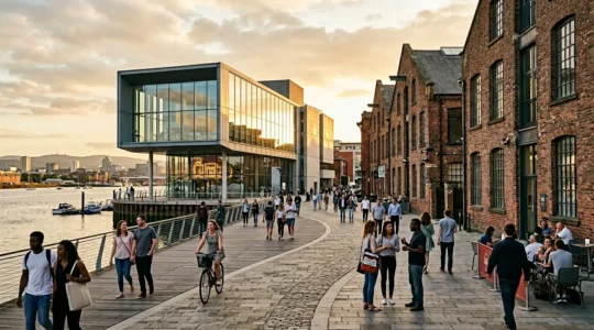 Modern glass gallery beside historical architecture showing cultural transformation of UK city