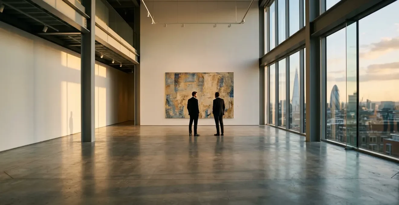 Sophisticated art collectors examining paintings in an exclusive London gallery space with warm lighting and contemporary architecture