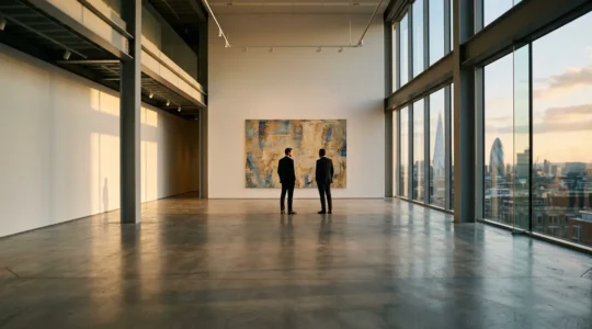 Sophisticated art collectors examining paintings in an exclusive London gallery space with warm lighting and contemporary architecture
