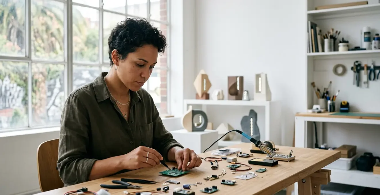 Professional artist working on interactive technology art installation with projection mapping equipment