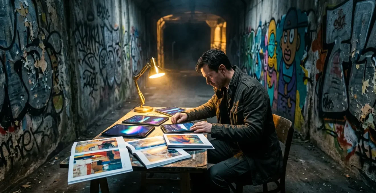 Street artist analyzing financial data against graffitied walls in underground tunnel