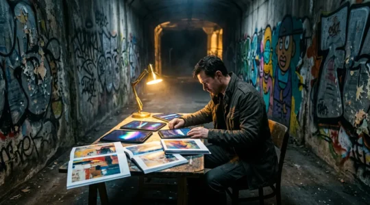 Street artist analyzing financial data against graffitied walls in underground tunnel