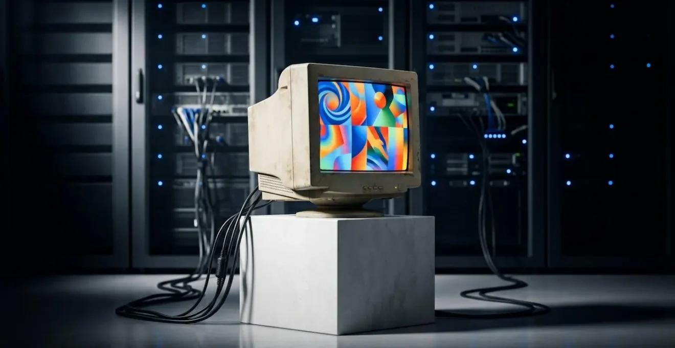 Technical setup showing vintage CRT monitor connected to modern server rack for art emulation