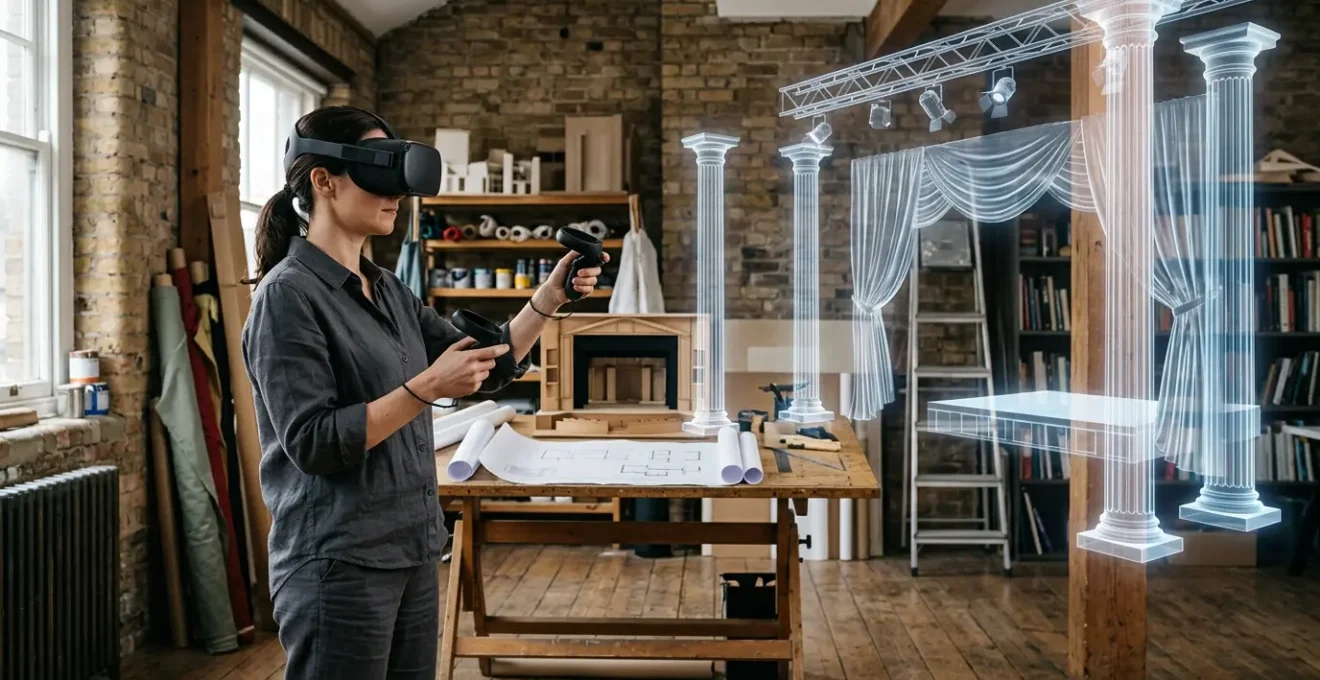 Theatre designer wearing VR headset creating volumetric stage design in immersive virtual environment