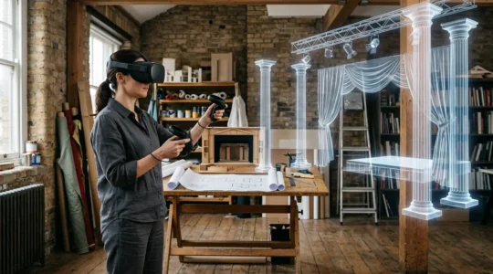 Theatre designer wearing VR headset creating volumetric stage design in immersive virtual environment