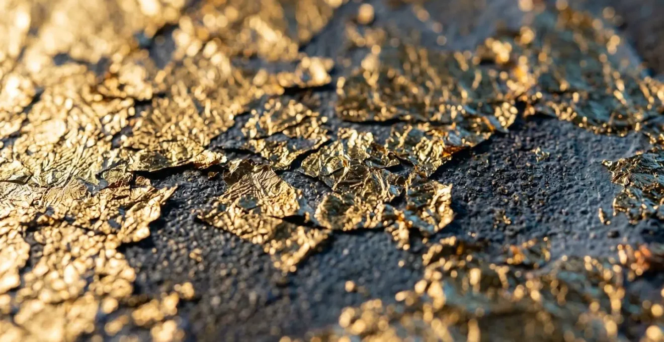Extreme close-up of gold leaf texture on contemporary artwork surface